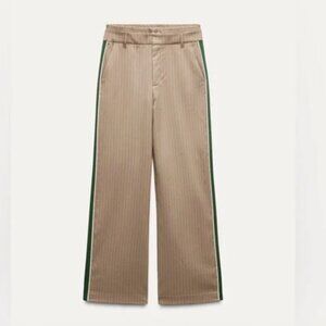 Zara Tan Striped Trousers with Green Accents